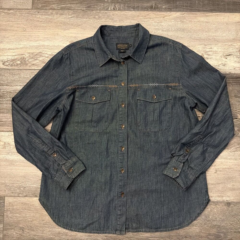 Pendleton Shirt Womens Med Blue Chambray Originals Long Sleeve Button Up Cotton - Picture 2 of 6